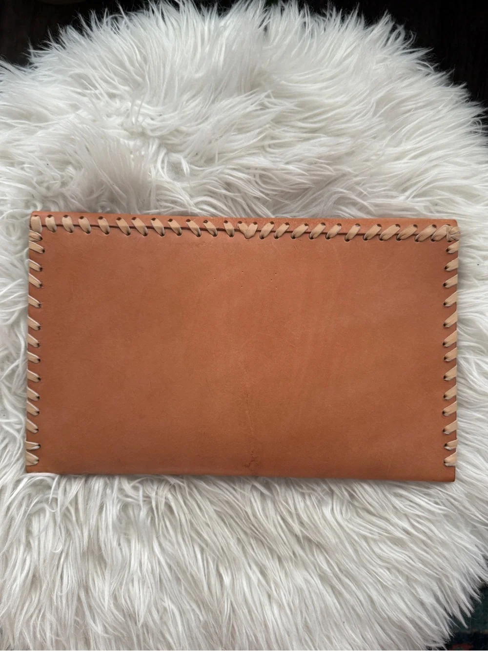 Handmade Tan Leather Clutch with Colorful Beaded Accent